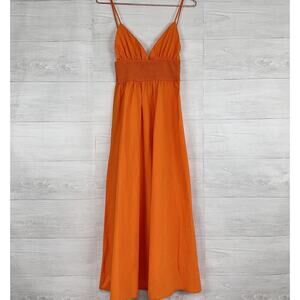 Zara Poplin Midi Dress Women XS Orange Smocked Sundress Sleeveless Summer Beach